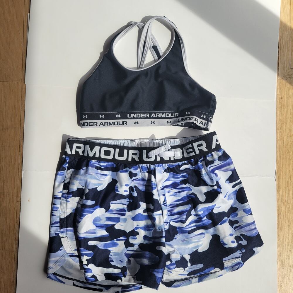 UNDER ARMOUR Girls size Y M Racerback & Y Lg blue camo shorts